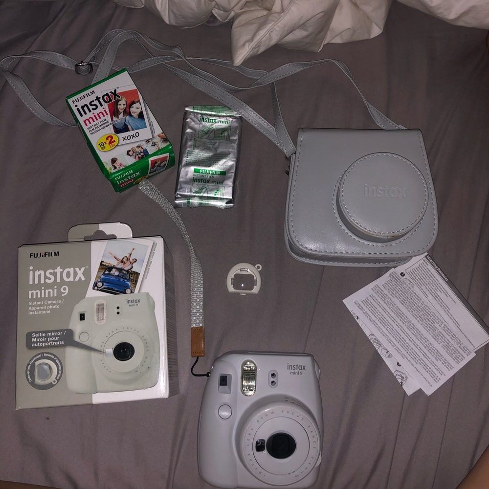 Instax Mini 9 Gray Camera with bag, film, and box